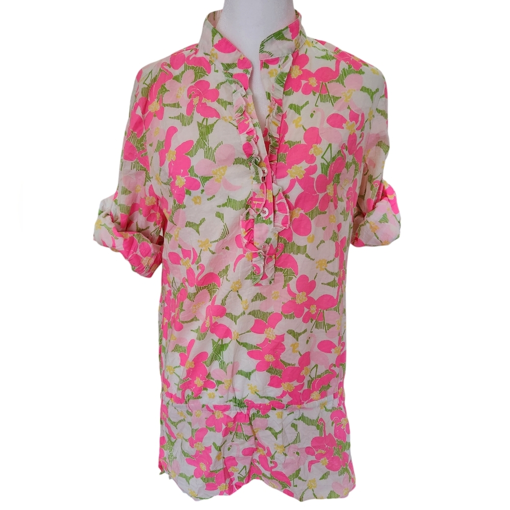 Lilly Pulitzer Floral Flamingo Roll Tab Sleeve Tunic Size 2